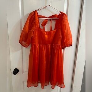 Molly Green Puff Sleeve Mini Dress Red Shiny Iridescent Medium